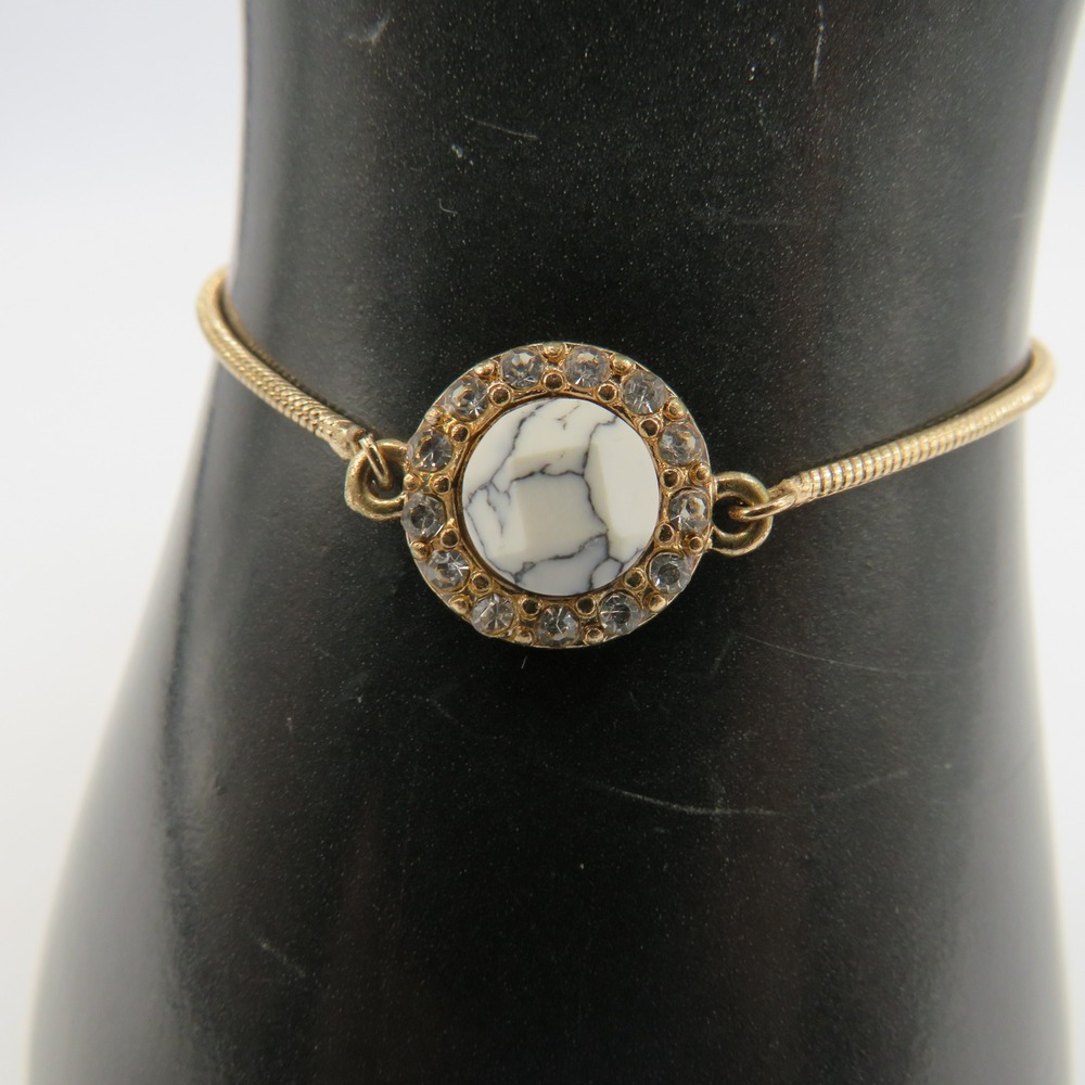 Gold Tone Faux Marble Bolo Bracelet White Stone Crystal Halo Snake Chain Adjusts